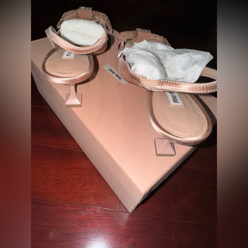 Miu Miu Nude/Rose satin Slingback Heels with Bow - Picture 9 of 12